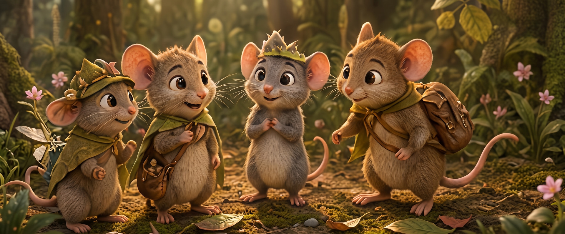 Four of Amos's mouse companions standing together in a sunlit forest